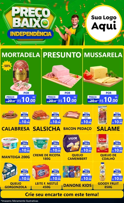 Modelo de Encarte para Encarte Grande com o tema Preço Baixo de Independência para Frios e Laticínios