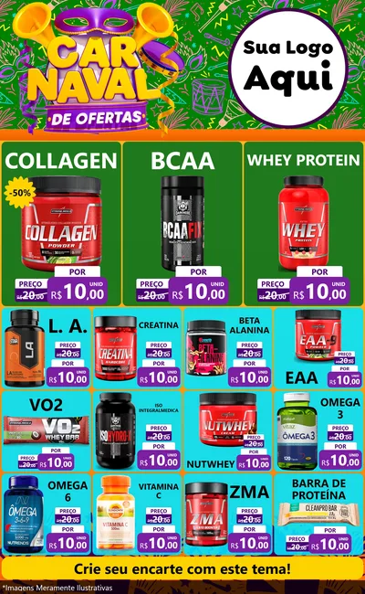 Modelo de Encarte para Encarte Grande com o tema Carnaval de Ofertas para Suplementos alimentares