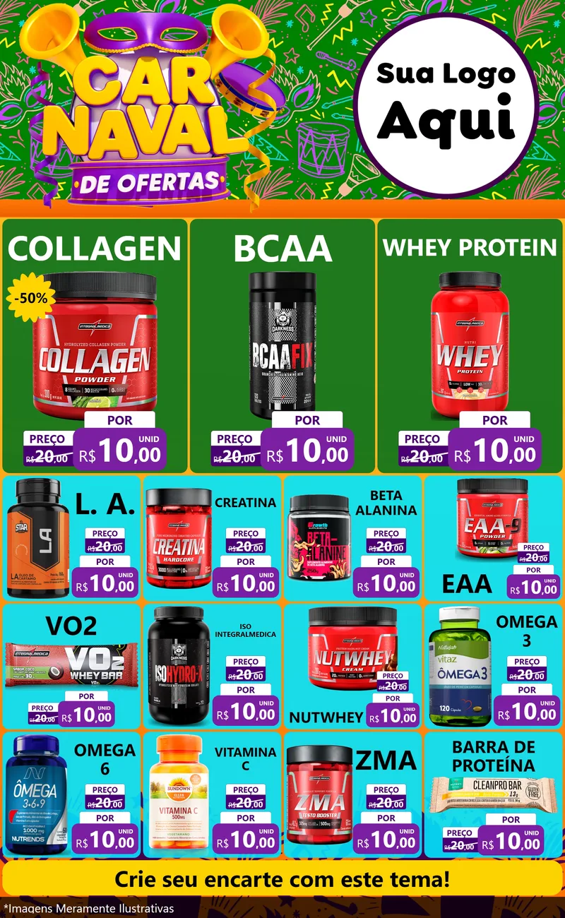 Modelo de Encarte para Encarte Grande com o tema Carnaval de Ofertas para Suplementos alimentares