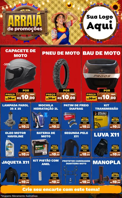 Modelo de Encarte para Encarte Grande com o tema Arraiá de Promoções para Moto peças