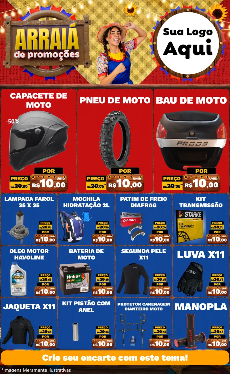 Modelo de Encarte para Encarte Grande com o tema Arraiá de Promoções para Moto peças