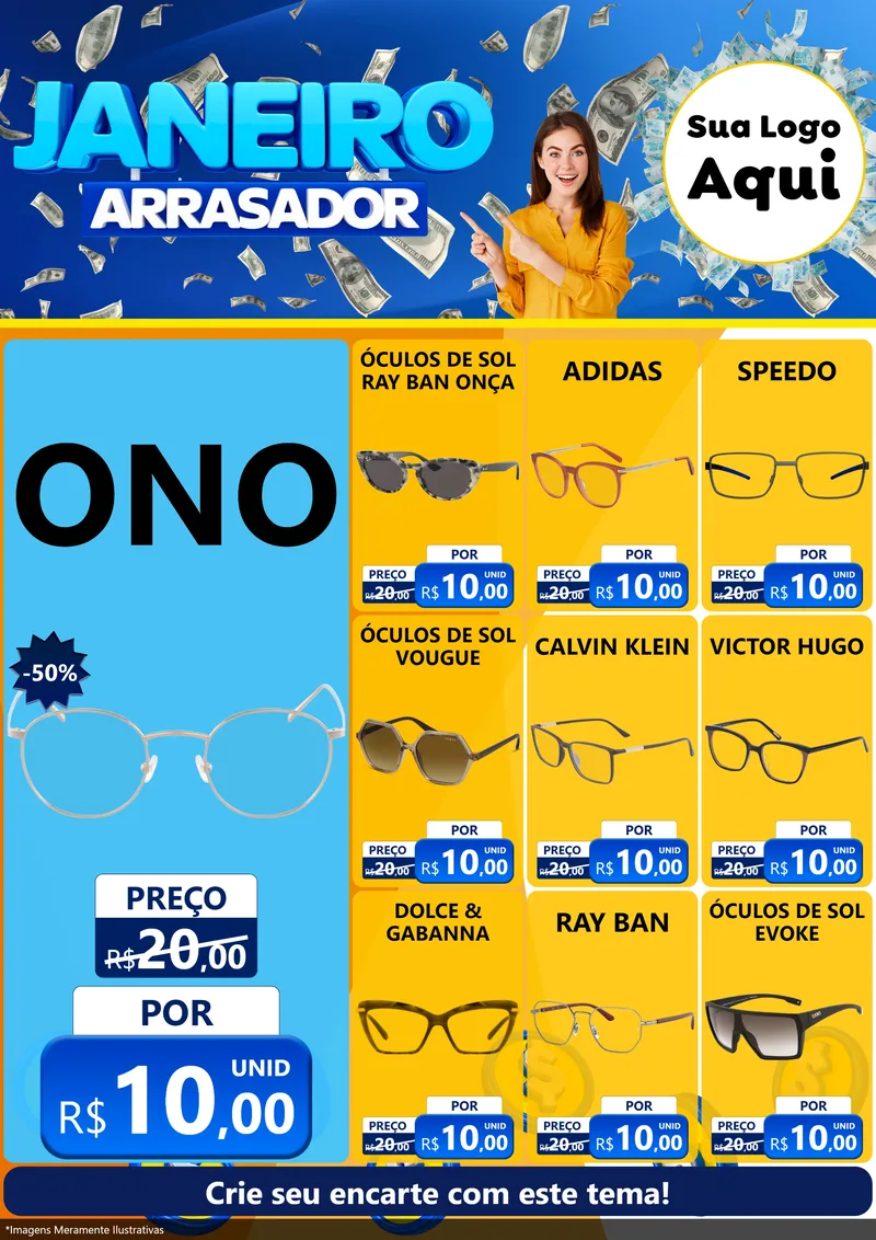 Modelo de Encarte para Encarte A4 Vertical com o tema Janeiro Arrasador para Óticas