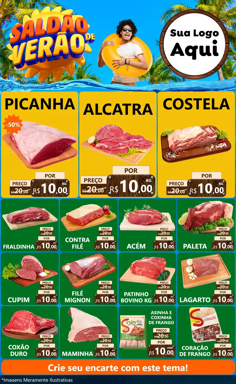 Modelo de Encarte para Encarte Grande com o tema Saldão de Verão para Açougue