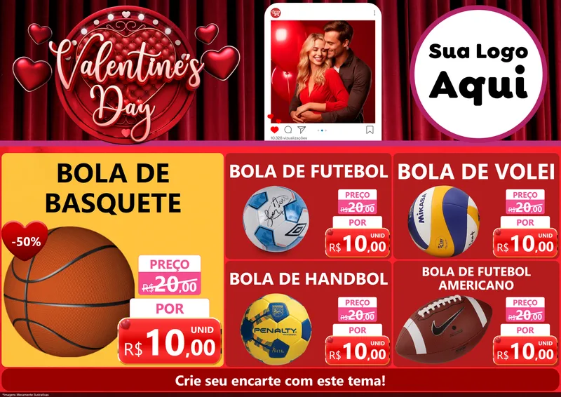 Modelo de Encarte para Encarte A4 Horizontal com o tema Valentine's Day para Artigos Esportivos