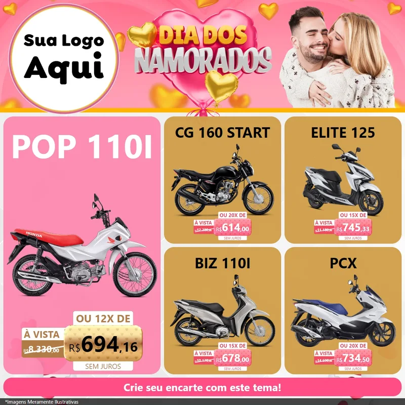 Modelo de Rede Social para Feed Facebook com o tema Dia dos Namorados para Concessionaria de Motos