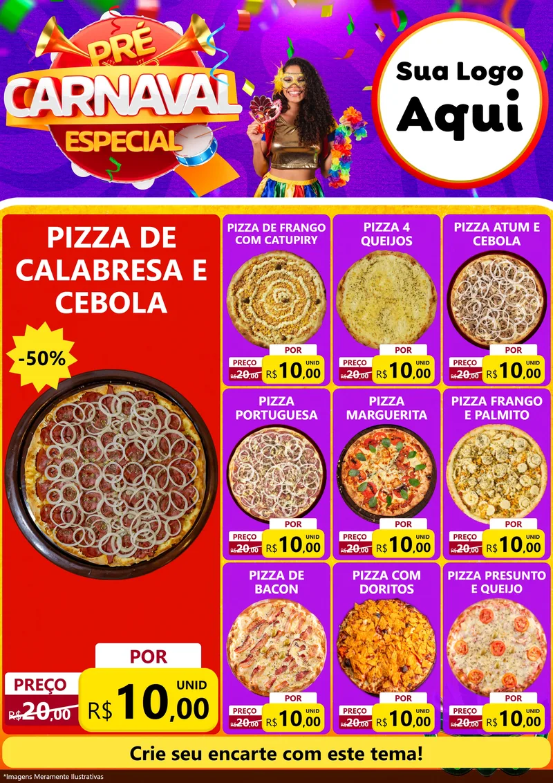 Modelo de Encarte para Encarte A4 Vertical com o tema Pré-Carnaval Especial para Pizzaria