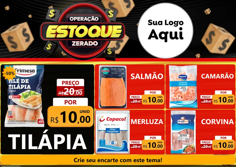 Modelo de Encarte para Encarte A4 Horizontal com o tema Operação Estoque Zerado para Peixaria