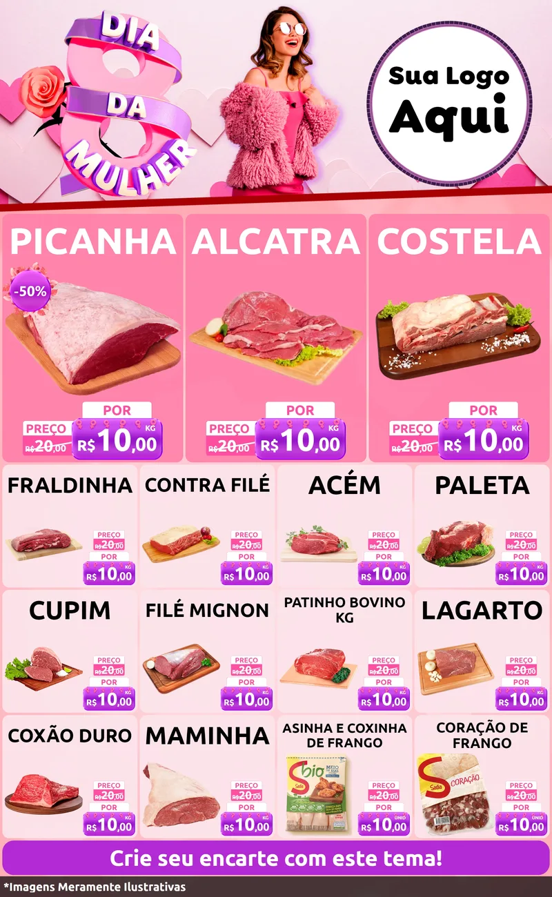 Modelo de Encarte para Encarte Grande com o tema Dia da Mulher para Açougue