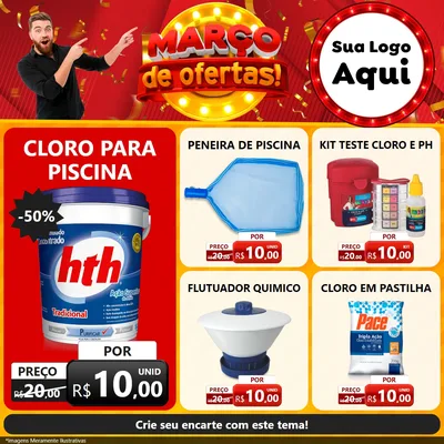 Modelo de Rede Social para Feed Facebook com o tema Março de Ofertas! para Produtos para Piscina