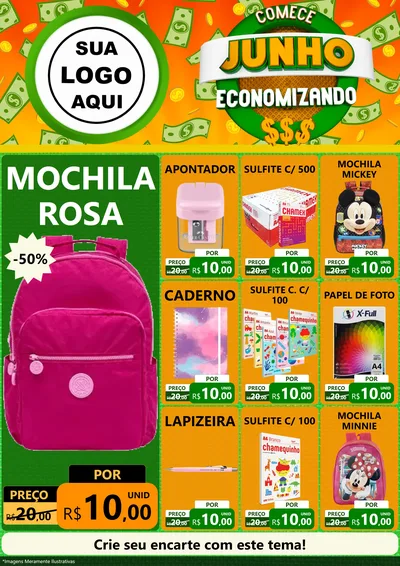 Modelo de Encarte para Encarte A4 Vertical com o tema Comece Junho Economizando para Papelaria