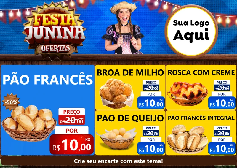 Modelo de Encarte para Encarte A4 Horizontal com o tema Festa Junina Ofertas para Padaria