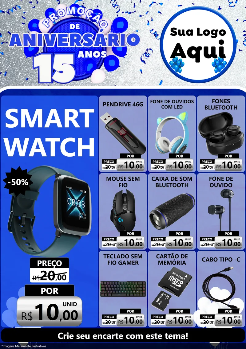 Modelo de Encarte para Encarte A4 Vertical com o tema Promoção de Aniversário - 15 Anos para Informática