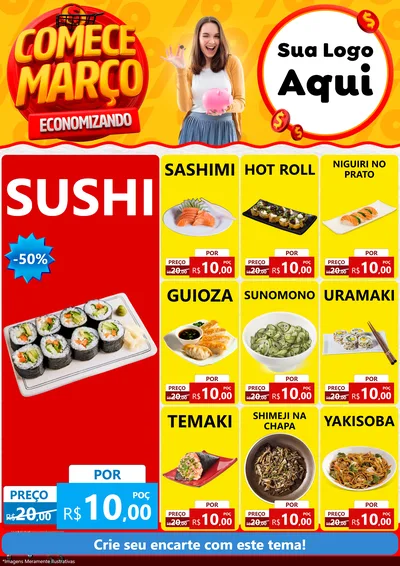 Modelo de Encarte para Encarte A4 Vertical com o tema Comece Março Economizando para Comida japonesa