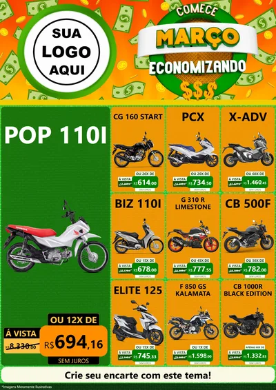 Modelo de Encarte para Encarte A4 Vertical com o tema Comece Março Economizando para Concessionaria de Motos