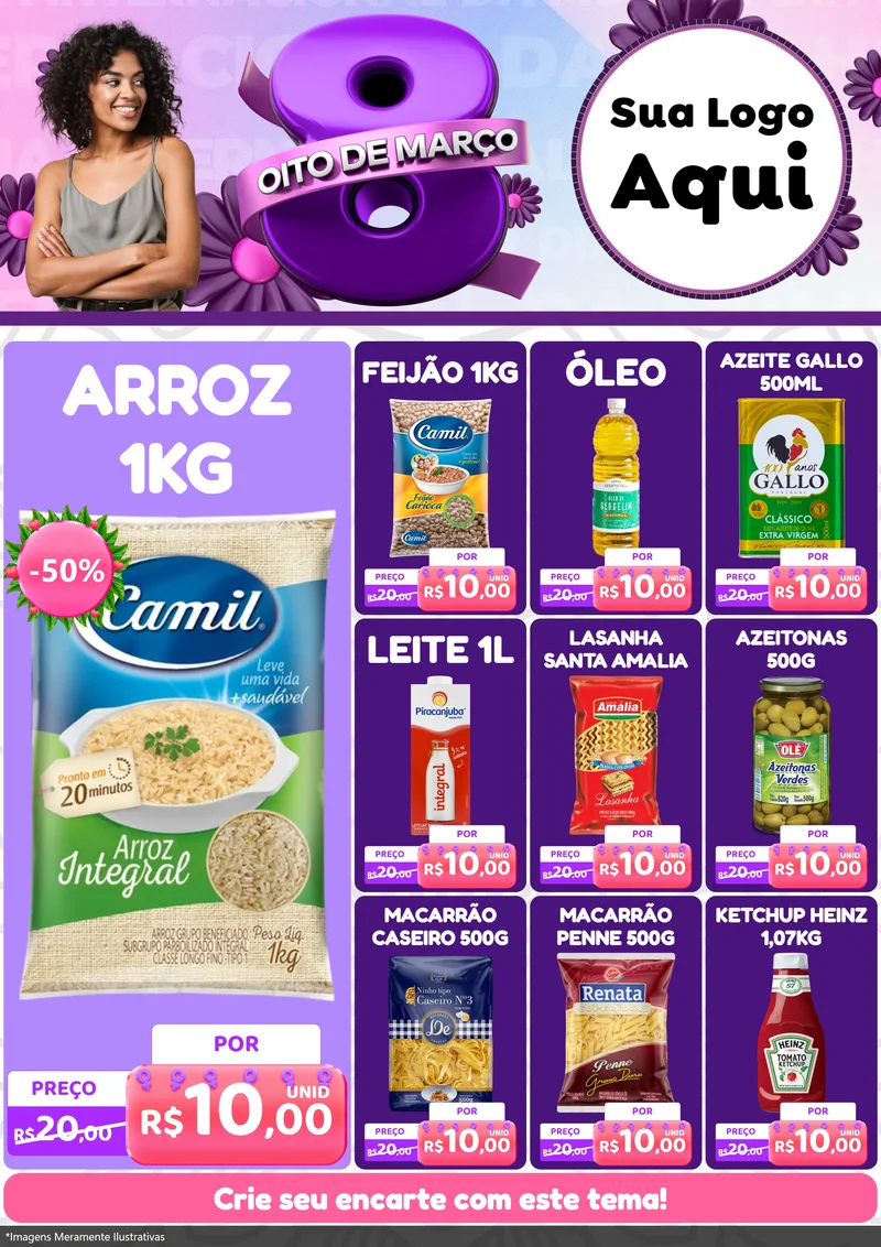 Modelo de Encarte para Encarte A4 Vertical com o tema Oito de Março - Dia da Mulher para Supermercado