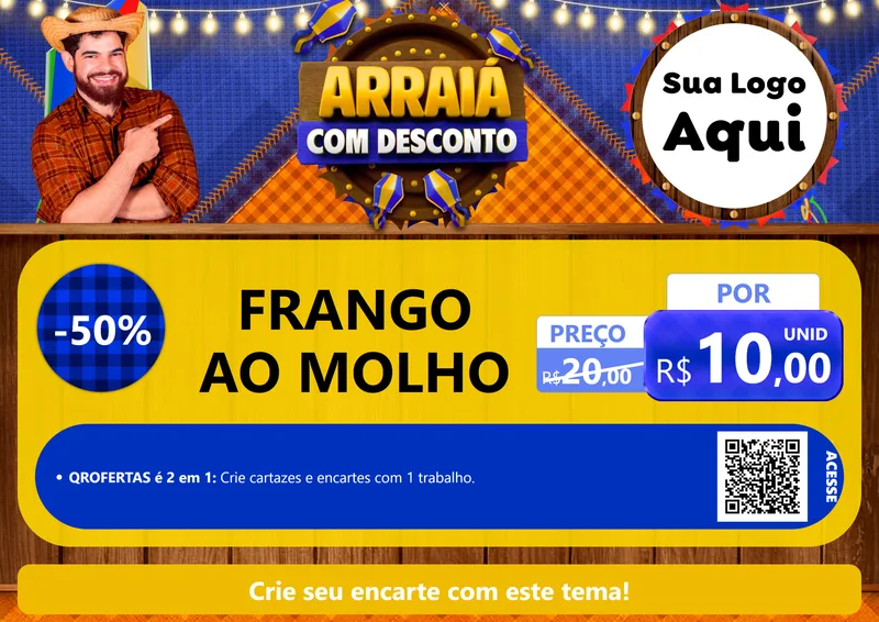 Modelo de Cartaz para Cartaz A4 Horizontal com o tema Arraiá Com Desconto para Restaurante