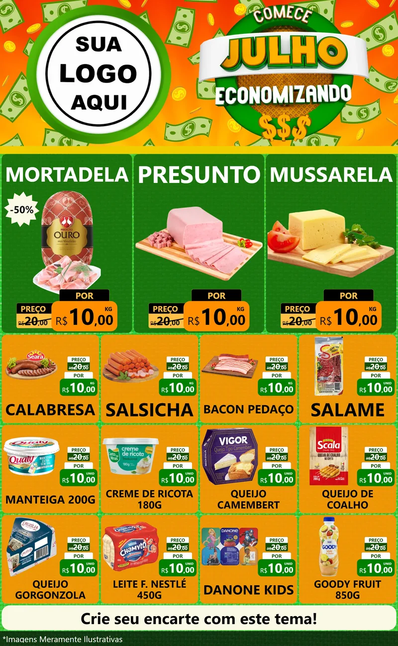 Modelo de Encarte para Encarte Grande com o tema Comece Julho Economizando para Frios e Laticínios