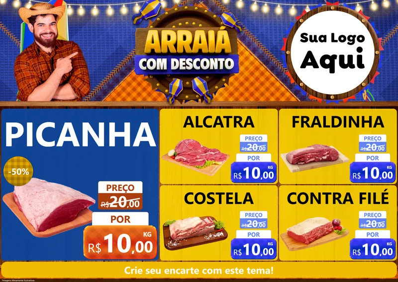 Modelo de Encarte para Encarte A4 Horizontal com o tema Arraiá Com Desconto para Açougue
