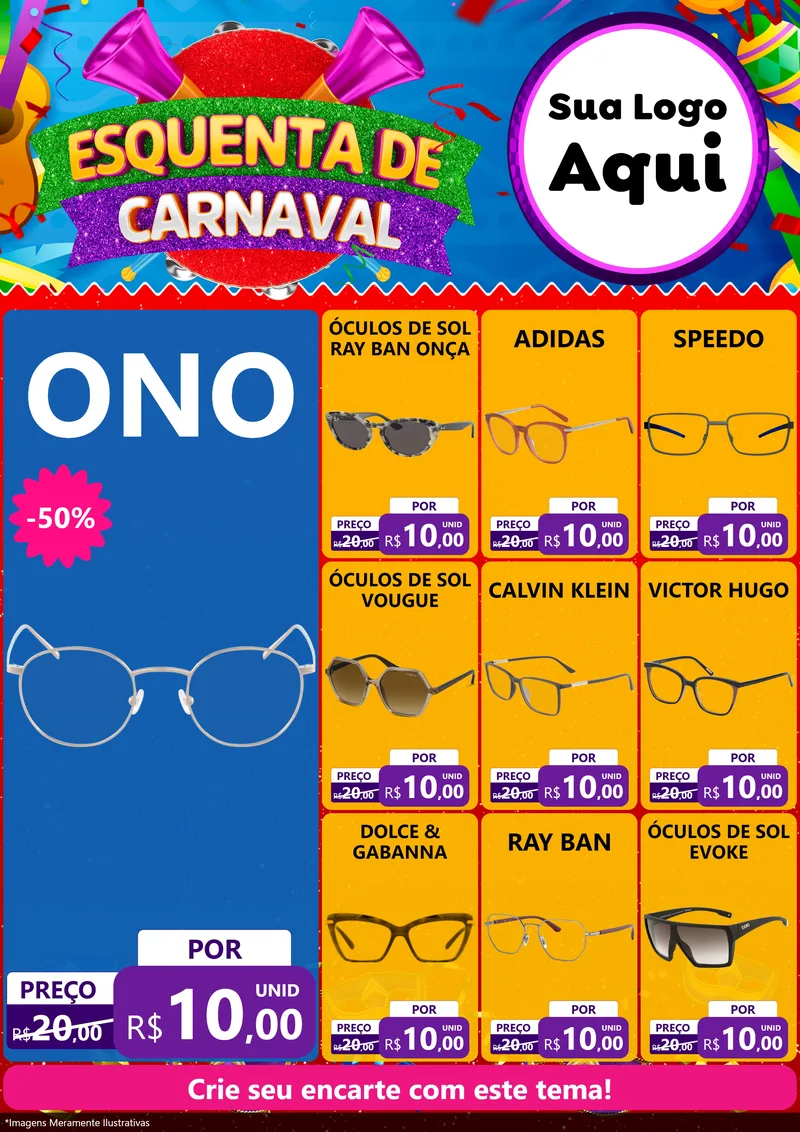 Modelo de Encarte para Encarte A4 Vertical com o tema Esquenta de Carnaval para Óticas