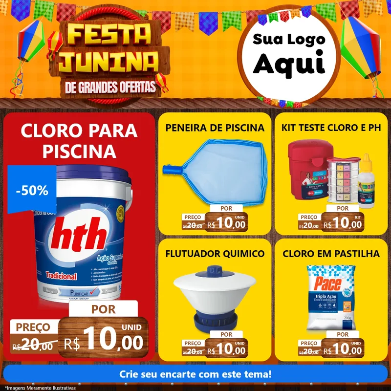 Modelo de Rede Social para Feed Facebook com o tema Festa Junina de Grandes Ofertas para Produtos para Piscina