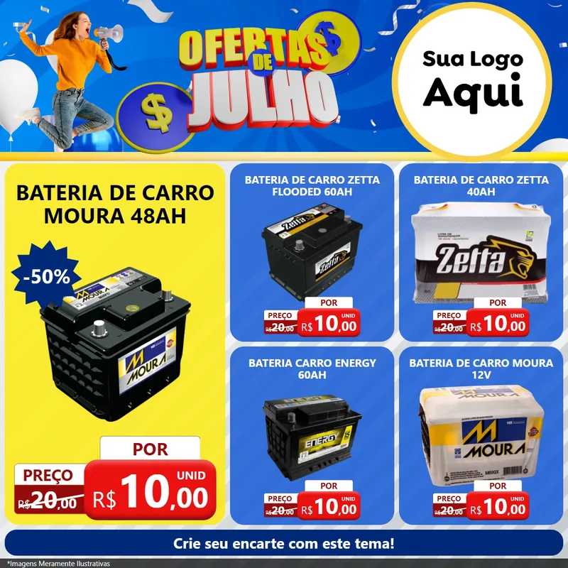 Modelo de Rede Social para Feed Facebook com o tema Ofertas de Julho para Baterias Elétricas