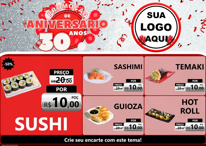 Modelo de Encarte para Encarte A4 Horizontal com o tema Promoção de Aniversário - 30 Anos para Comida japonesa