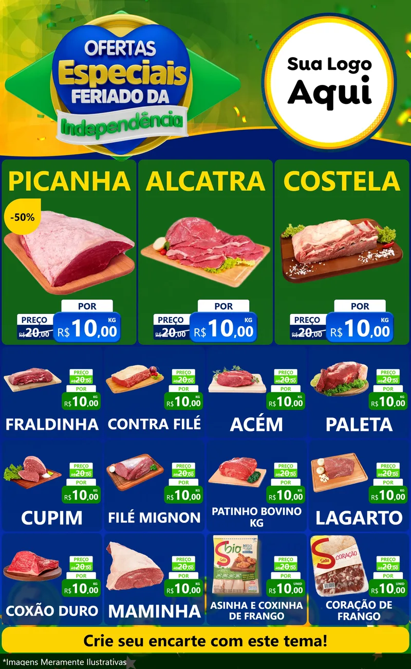 Modelo de Encarte para Encarte Grande com o tema Ofertas Especiais Feriado da Independência para Açougue