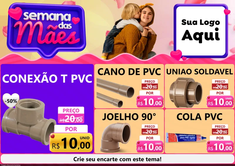 Modelo de Encarte para Encarte A4 Horizontal com o tema Semana das Mães para Tubos e conexões