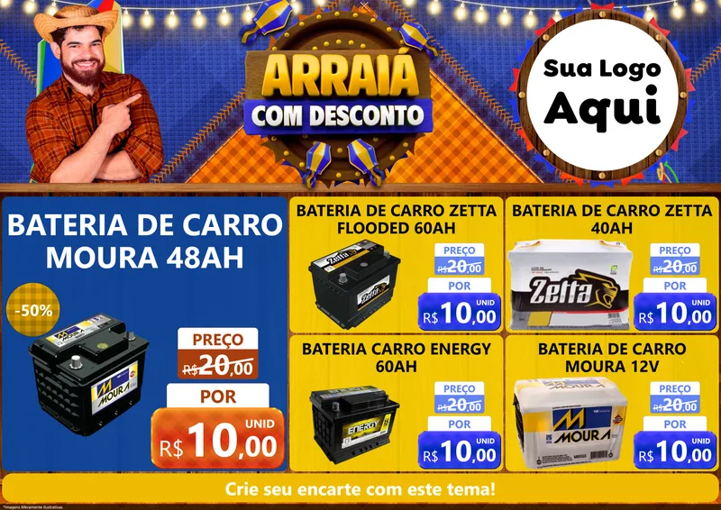 Modelo de Encarte para Encarte A4 Horizontal com o tema Arraiá Com Desconto para Baterias Elétricas