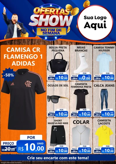 Modelo de Encarte para Encarte A4 Vertical com o tema Ofertas Show No Fim De Semana para Roupas e acessórios