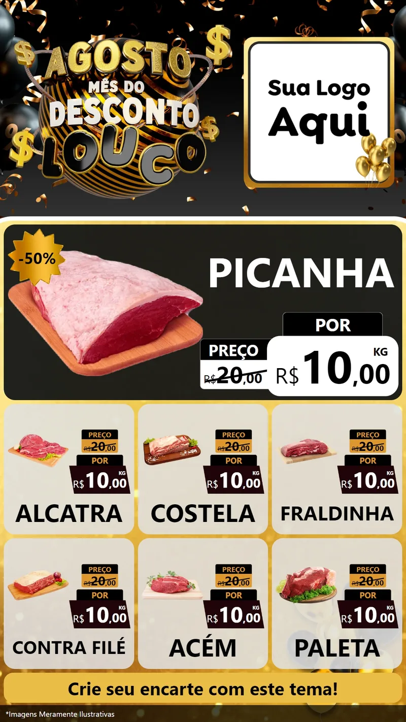 Modelo de Rede Social para Stories com o tema Agosto Mês do Desconto Louco para Açougue
