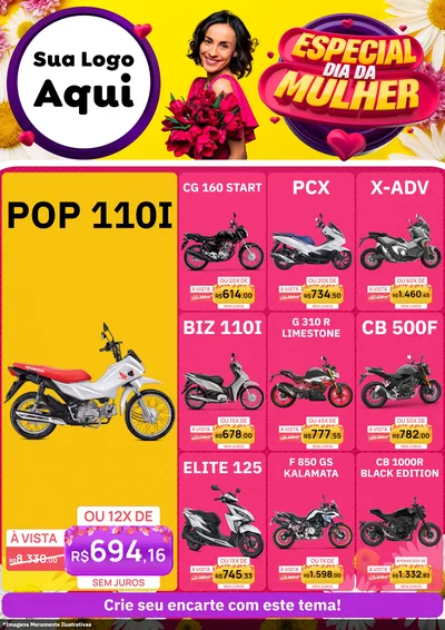 Modelo de Encarte para Encarte A4 Vertical com o tema Especial Dia da Mulher para Concessionaria de Motos