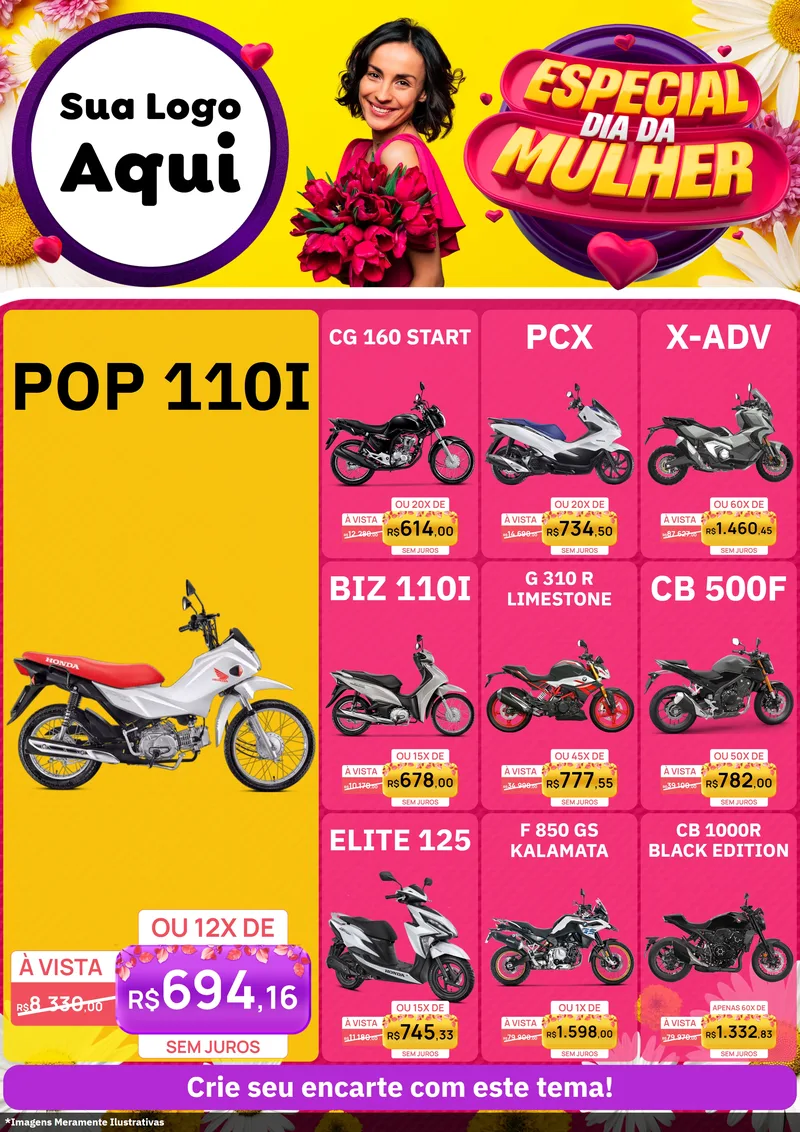 Modelo de Encarte para Encarte A4 Vertical com o tema Especial Dia da Mulher para Concessionaria de Motos