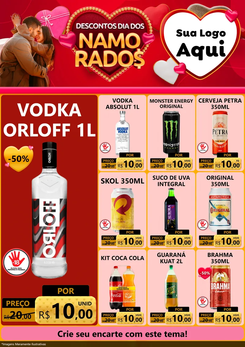 Modelo de Encarte para Encarte A4 Vertical com o tema Descontos Dia dos Namorados para Distribuidora de bebidas