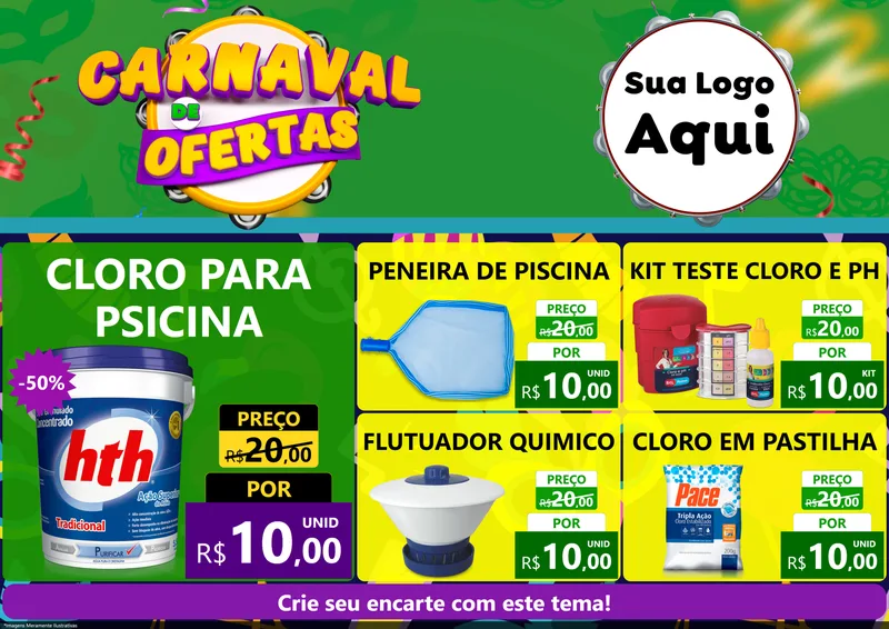 Modelo de Encarte para Encarte A4 Horizontal com o tema Carnaval de Ofertas para Produtos para Piscina