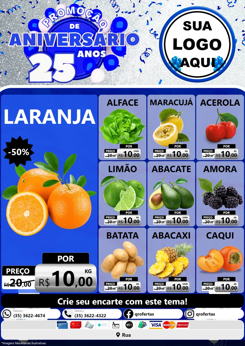 Modelo de Encarte para Encarte A4 Vertical com o tema Promoção de Aniversário - 25 Anos para Hortifrúti
