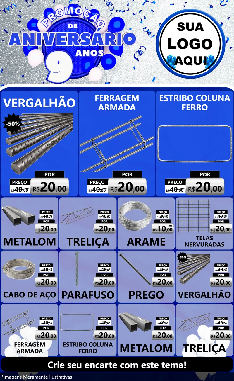 Modelo de Encarte para Encarte Grande com o tema Promoção de Aniversário - 9 Anos para Ferragens