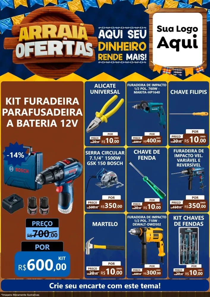 Modelo de Encarte para Encarte A4 Vertical com o tema Arraiá de Ofertas - Junina para Maquinas e Ferramentas