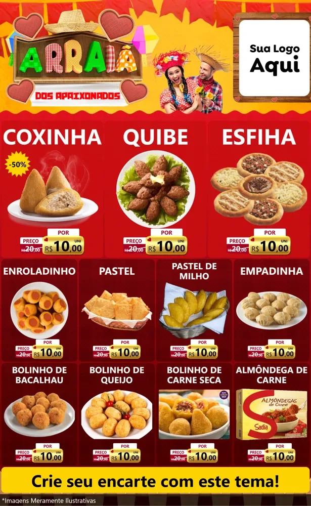 Modelo de Encarte para Encarte Grande com o tema Arraiá Dos Apaixonados - Junina para Salgadaria