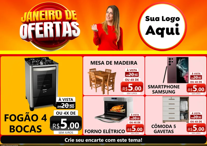 Modelo de Encarte para Encarte A4 Horizontal com o tema Janeiro de Ofertas para Móveis e Eletro