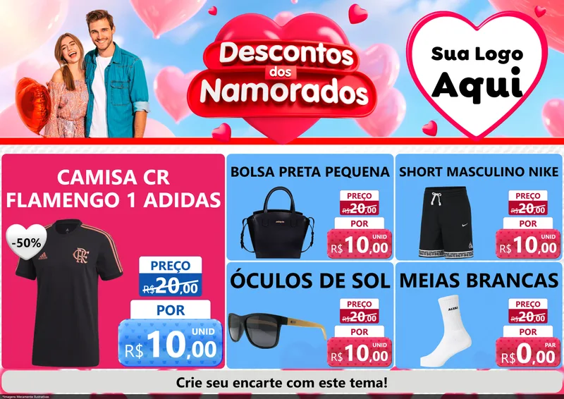 Modelo de Encarte para Encarte A4 Horizontal com o tema Descontos dos Namorados para Roupas e acessórios