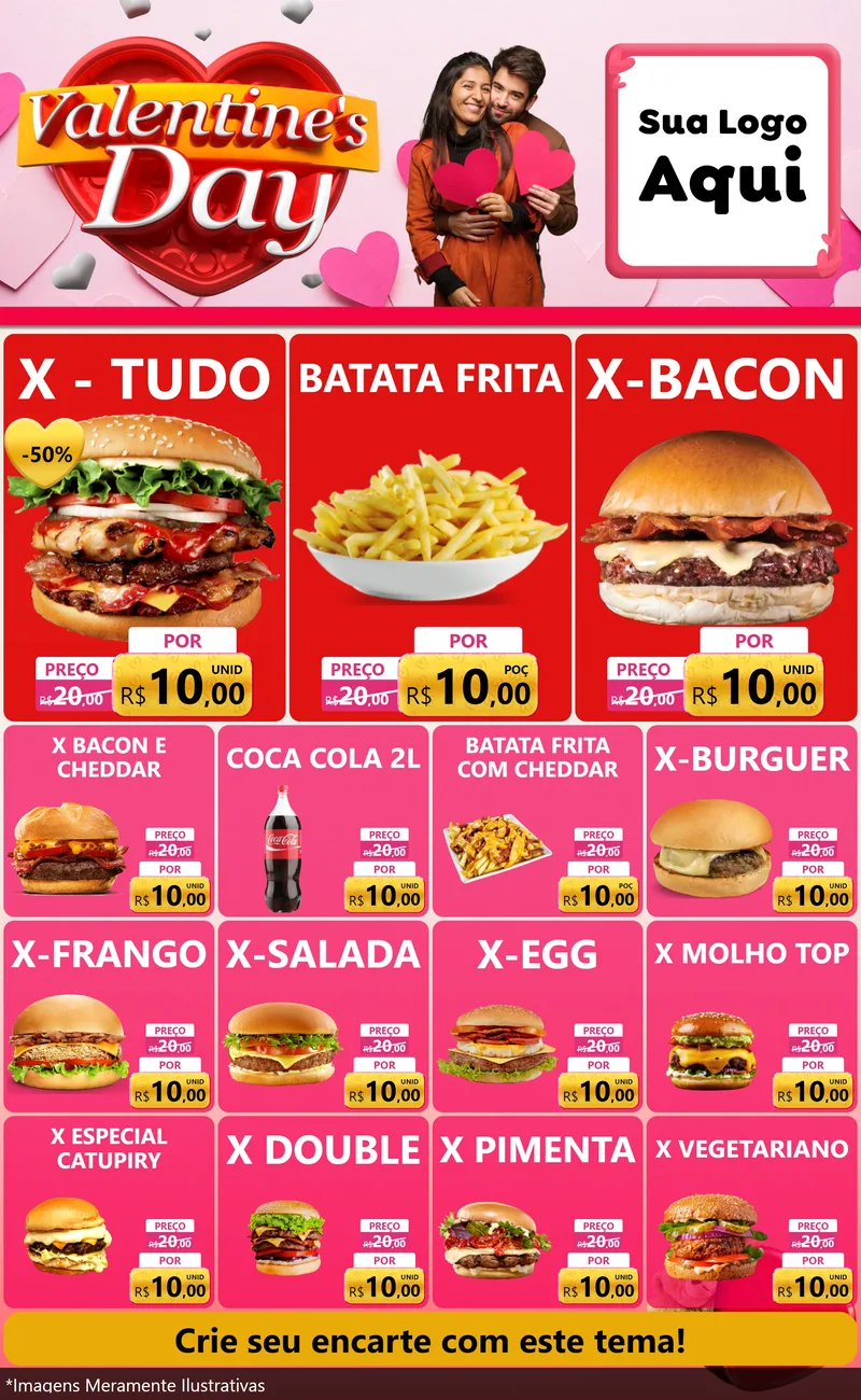 Modelo de Encarte para Encarte Grande com o tema Valentine's Day para Hamburgueria