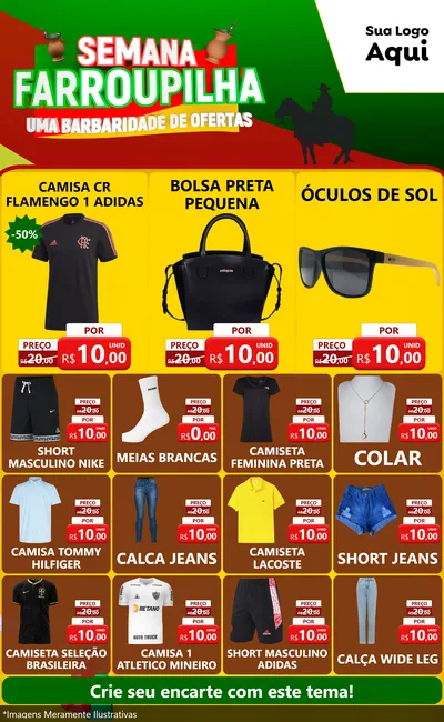 Modelo de Encarte para Encarte Grande com o tema Semana Farroupilha - Uma Barbaridade de Ofertas para Roupas e acessórios