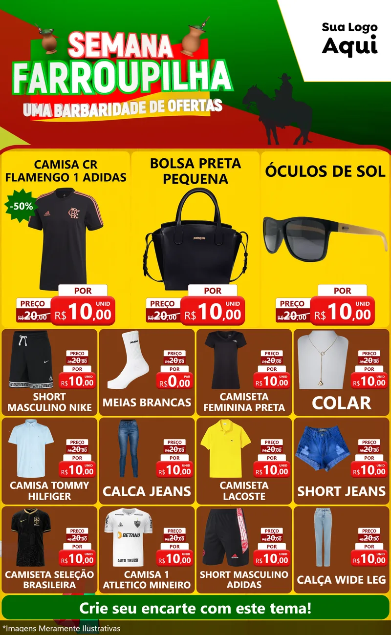 Modelo de Encarte para Encarte Grande com o tema Semana Farroupilha - Uma Barbaridade de Ofertas para Roupas e acessórios