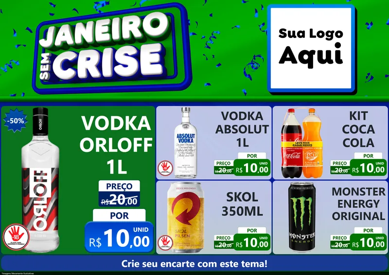 Modelo de Encarte para Encarte A4 Horizontal com o tema Janeiro Sem Crise para Distribuidora de bebidas