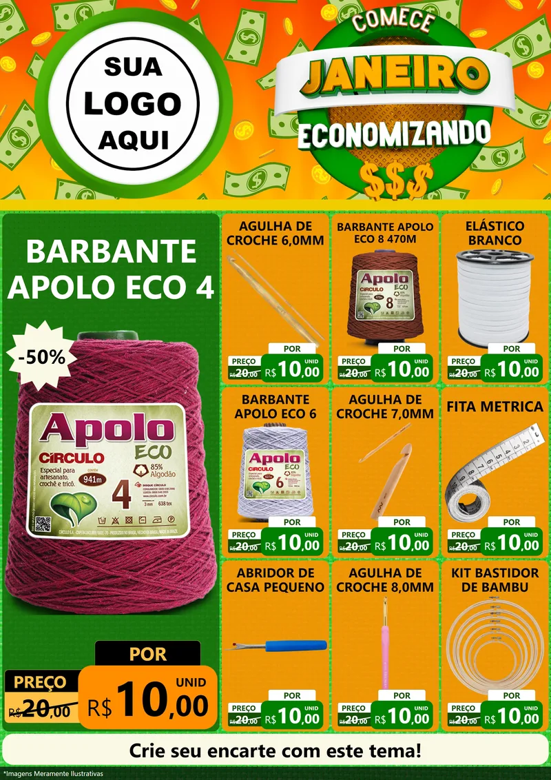 Modelo de Encarte para Encarte A4 Vertical com o tema Comece Janeiro Economizando para Armarinho e Aviamentos