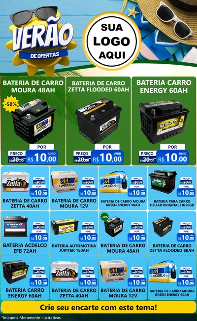 Modelo de Encarte para Encarte Grande com o tema Verão de Ofertas para Baterias Elétricas