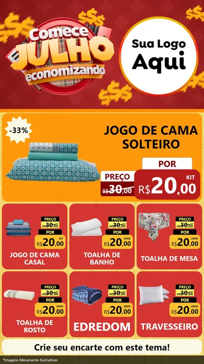 Modelo de Rede Social para Stories com o tema Comece Julho Economizando para Cama, Mesa e Banho