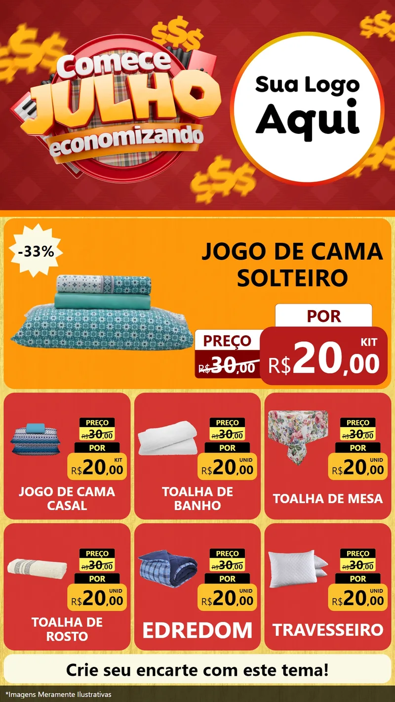 Modelo de Rede Social para Stories com o tema Comece Julho Economizando para Cama, Mesa e Banho