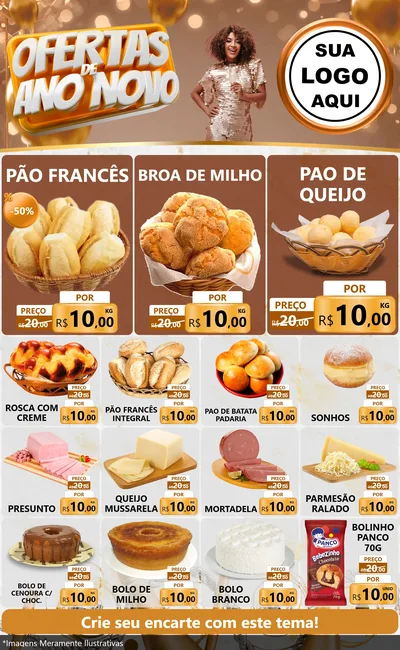 Modelo de Encarte para Encarte Grande com o tema Ofertas de Ano Novo para Padaria